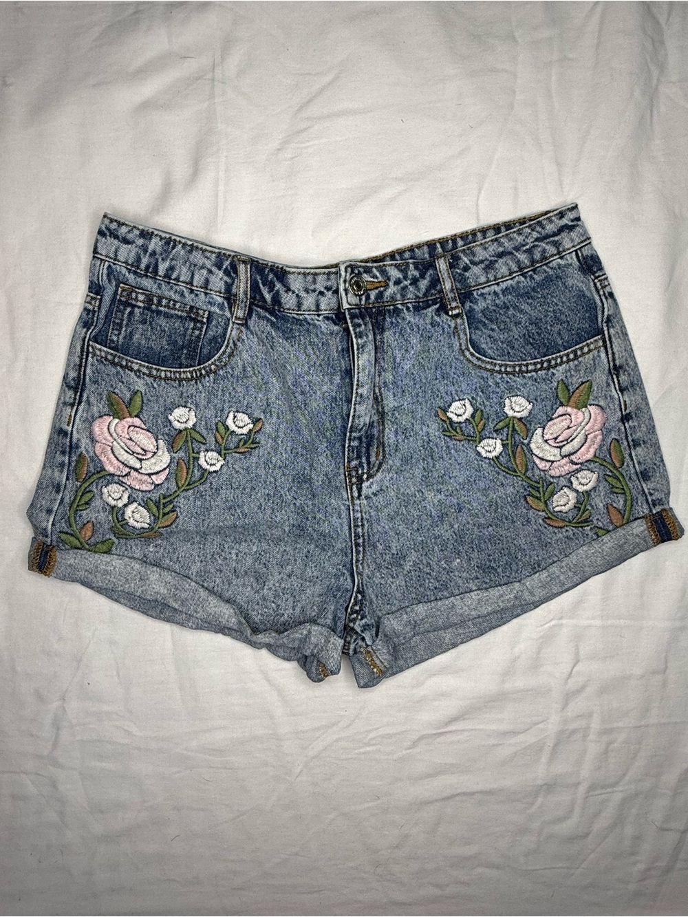 Forever 21 Light Blue Denim Shorts with Pink Rose Embroidery